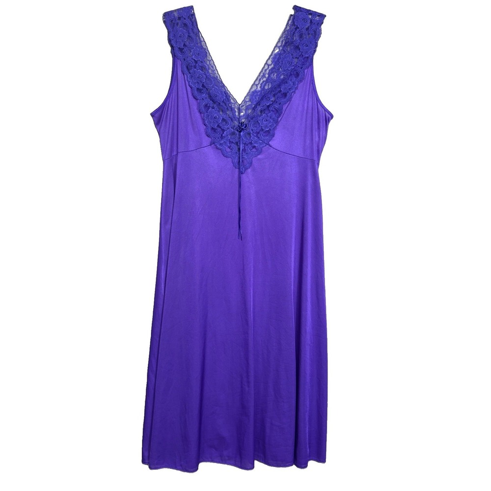 Adonna Nightgown Women's L Purple Nylon Lace Long Gown USA Vintage Babydoll